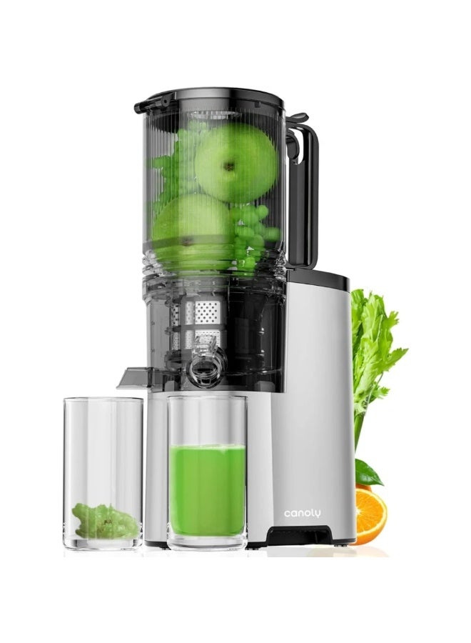 **ماكينة عصر بطيئة من Canoly (عصر على البارد)** عصّارة Canoly بنظام العصر البطيء بسرعة 50 دورة في الدقيقة، مزودة بفتحة تغذية عريضة قابلة للعكس بقياس 5.3 بوصة تناسب الخضروات والفواكه الكاملة دون تقطيع مسبق. تتميز ببرغي عصر ذاتي القطع، وسهلة الفك والتنظيف. - Image 1